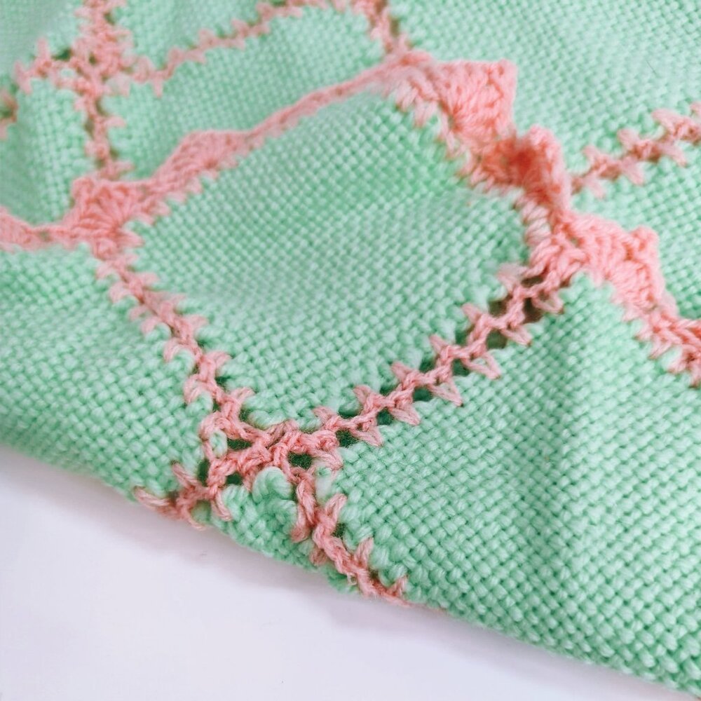 Vintage Hand-Crocheted Doll Blanket 25x25 Inches Green & Pink - Picture 3 of 5